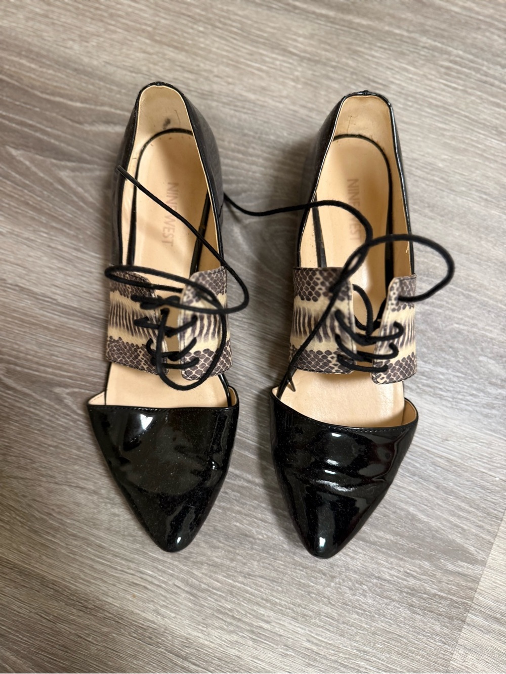 Nine West Pointed Lace-Up Women's Flats in Black with Snake-Print Accent